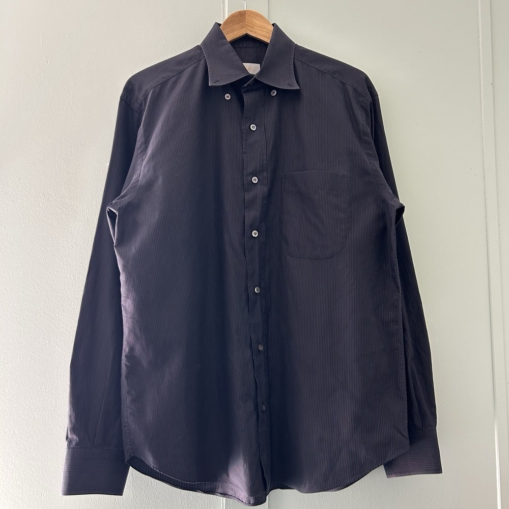 Brioni Mens Gray Vertical Stripe Button Up Dress Shirt Made in Italy Size 4 - Picture 2 of 13